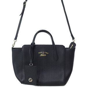 Gucci Swing Top Handle 2way Tote Shoulder Bag pebbled leather Black